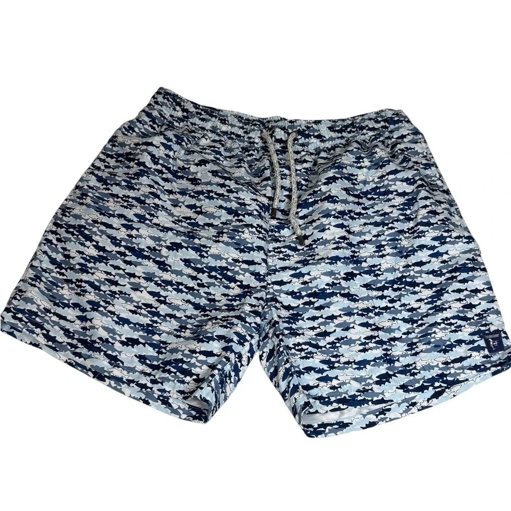 The Endless Summer Men Blue Shark Print Swim Trunks XXL Elastic Waist 6in Inseam
